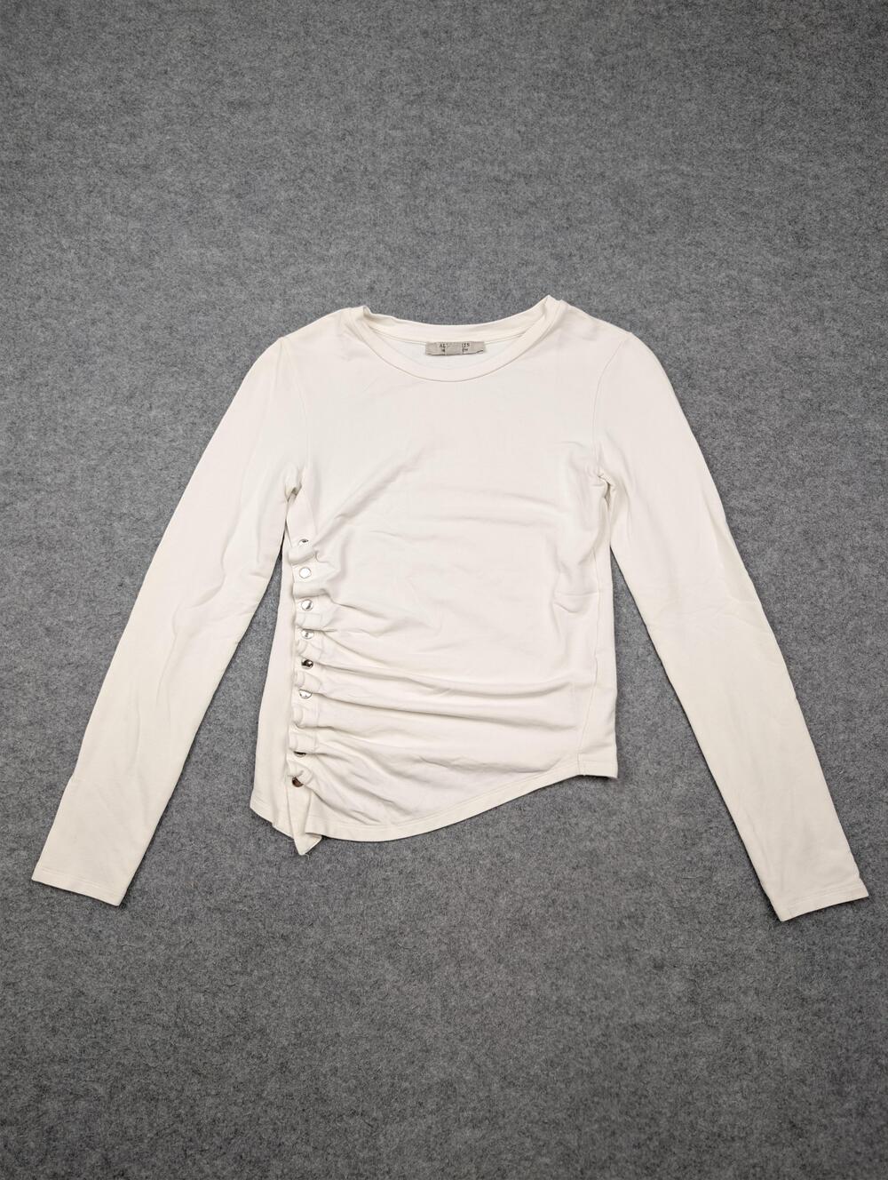 AllSaints T-Shirt Womens 4 White Katti LS Side Button Ruched Long Sleeve Top